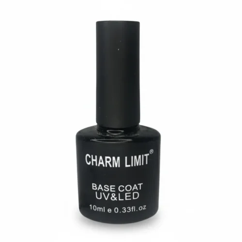 Frasco negro de Base Coat Charm Limit 10ml UV LED para preparación de uñas.