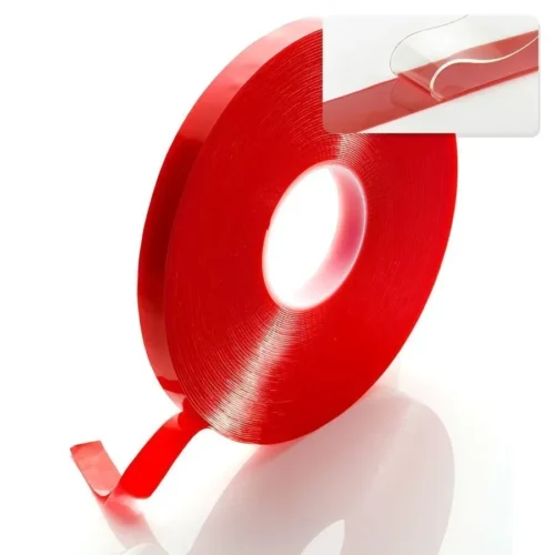 Rollo de cinta doble faz transparente con liner rojo para pegar tips de uñas en exhibidores