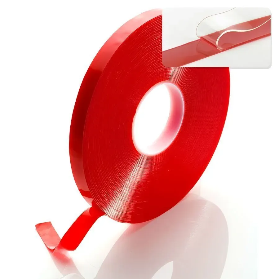 Rollo de cinta doble faz transparente con liner rojo para pegar tips de uñas en exhibidores