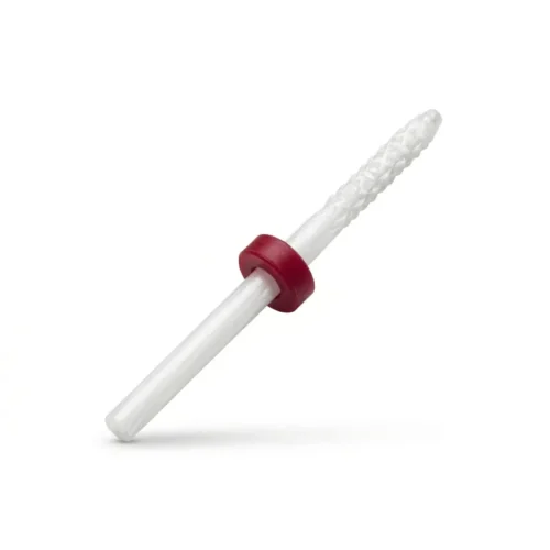 resa de cerámica blanca con punta en forma de flama y anillo rojo de grano fino para torno de manicura.