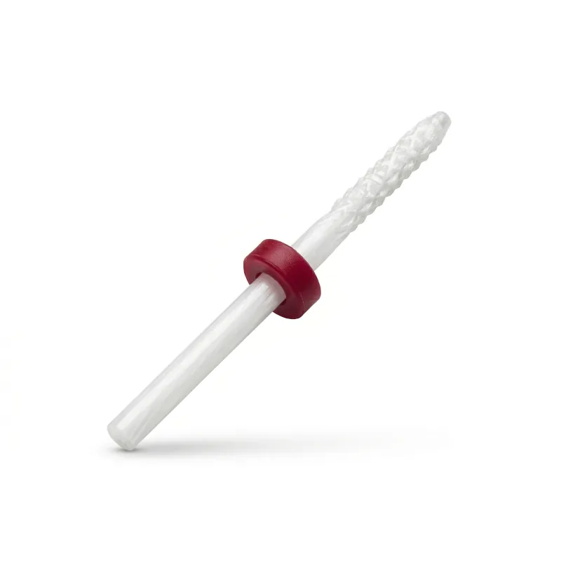 resa de cerámica blanca con punta en forma de flama y anillo rojo de grano fino para torno de manicura.