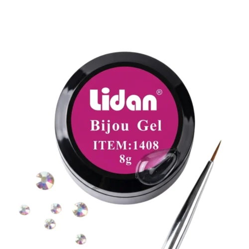 Pote de Bijou Gel Lidan 8g para pegar strass y cristales en uñas profesionales con muestra de gel y cristales aurora boreal