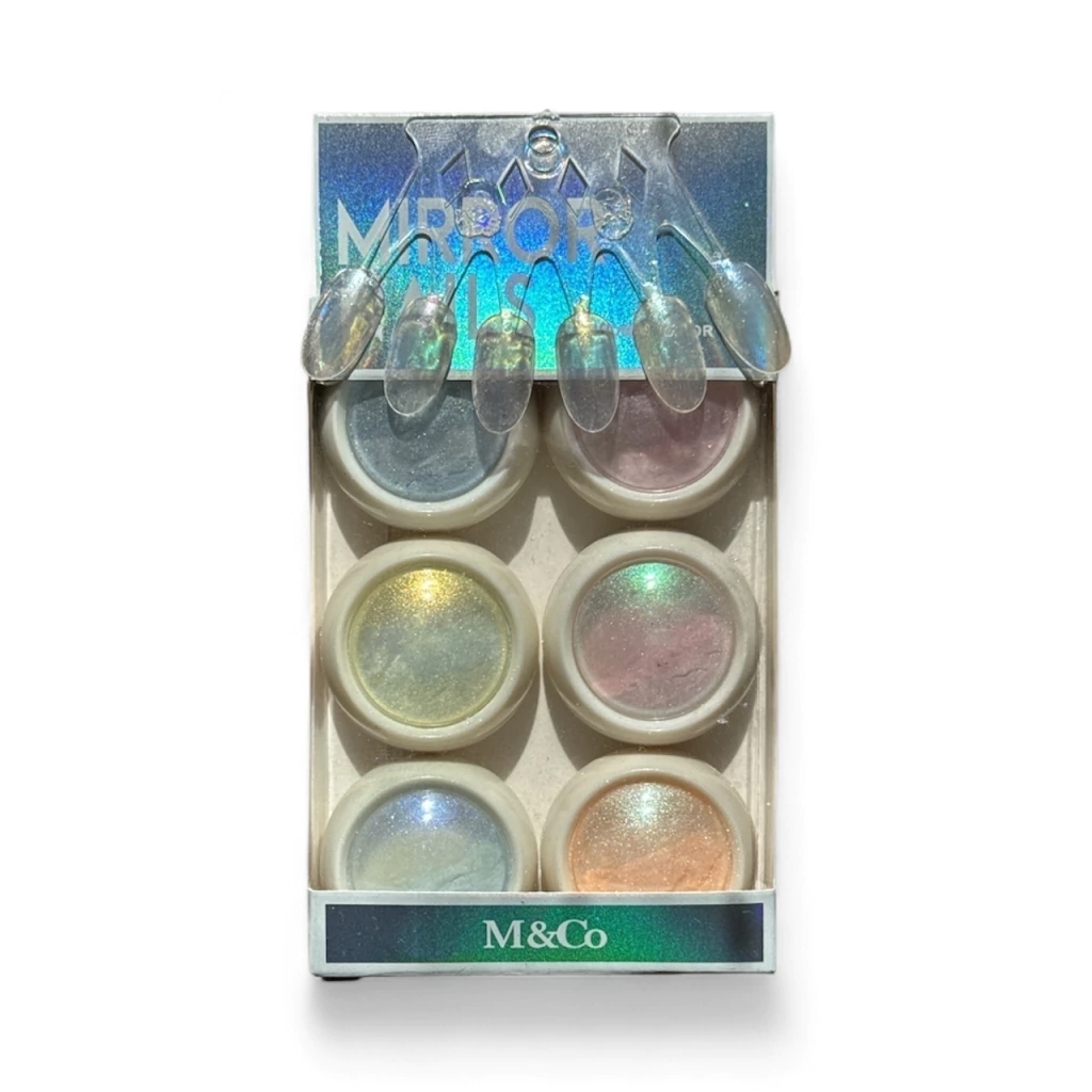 Kit de 6 polvos aurora marca M&Co para decoración de uñas efecto espejo iridiscente.