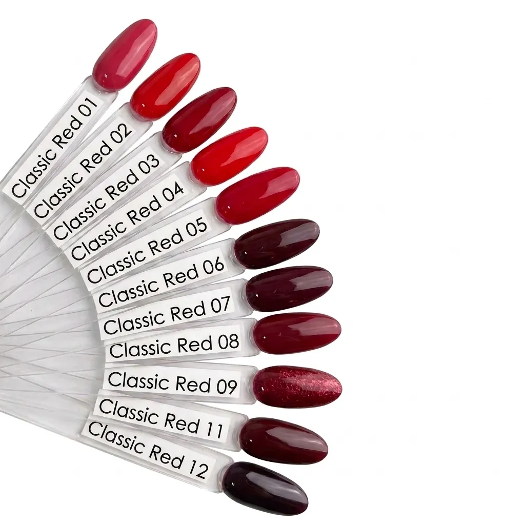 Muestrario de esmalte semipermanente Charm Limit Edición Classic Red 10 ml y muestrario de tonos rojos